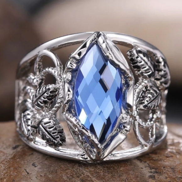 Marquise Cut 925 Sapphire Silver Filigree Ring NEW - Picture 1 of 6